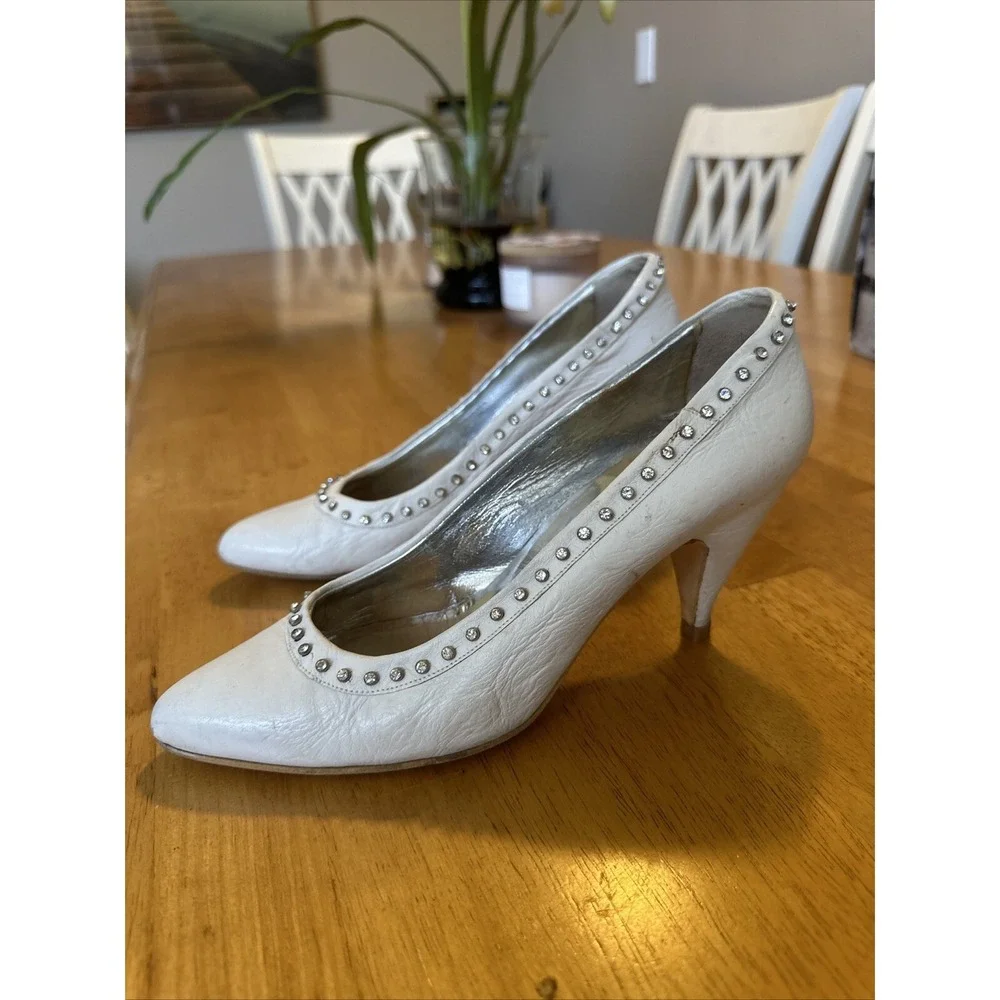 vintage el vaquero white leather heels pumps‎ rhinestone outline size 37